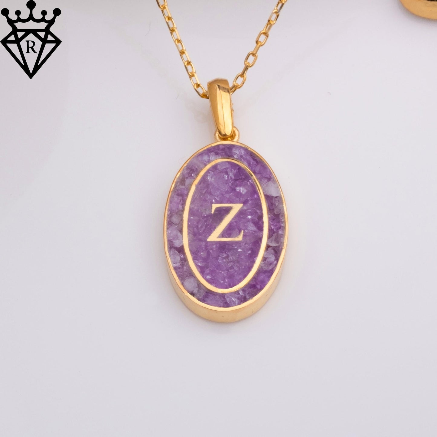 Amethyst Initial Necklace – 14K Gold Plated 925 Sterling Silver Rectangle Pendant – February Birthstone Jewelry – Personalized Gift for Her