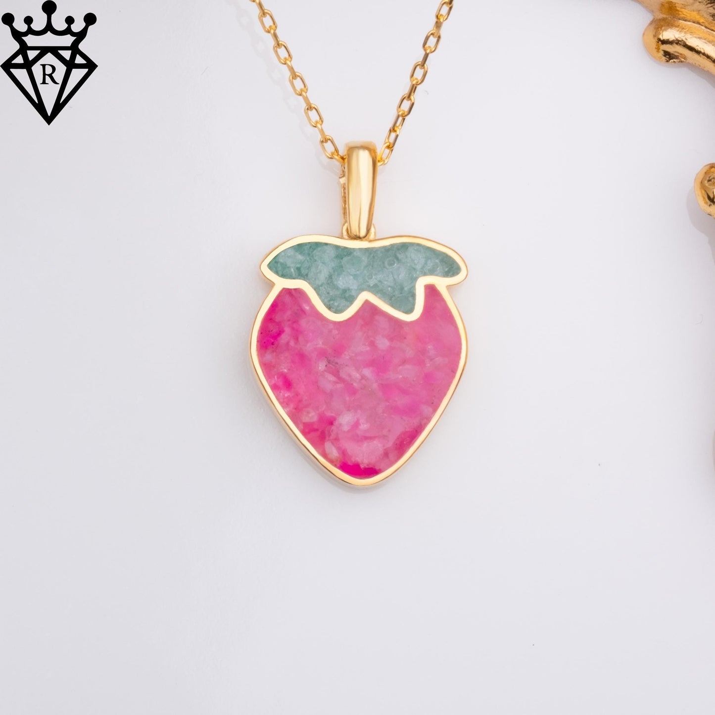 Pink Agate Strawberry Necklace, Aventurine Leaf Pendant, 14K Gold Plated 925 Silver, Cute Fruit Jewelry, Handmade Gift for Her