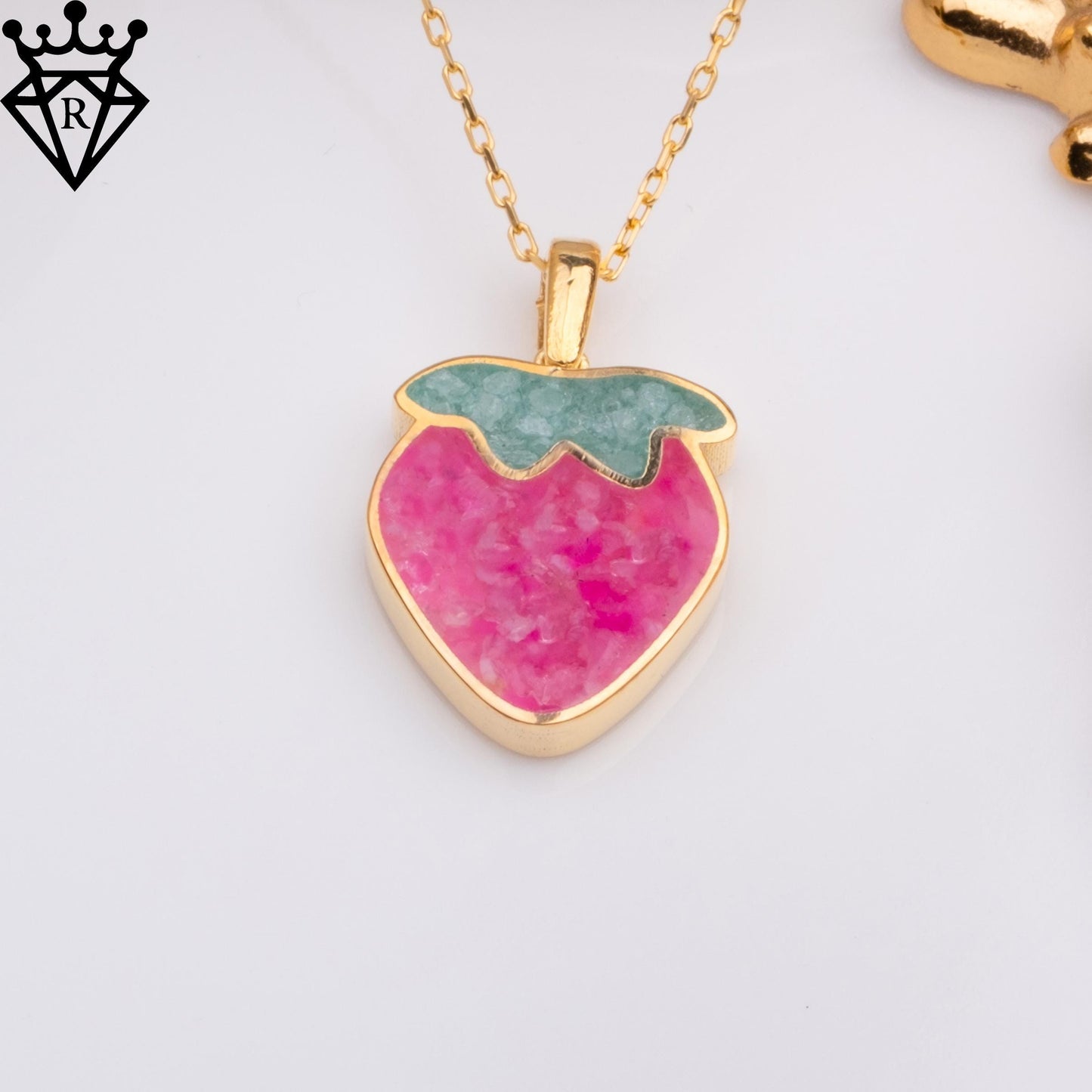 Pink Agate Strawberry Necklace, Aventurine Leaf Pendant, 14K Gold Plated 925 Silver, Cute Fruit Jewelry, Handmade Gift for Her