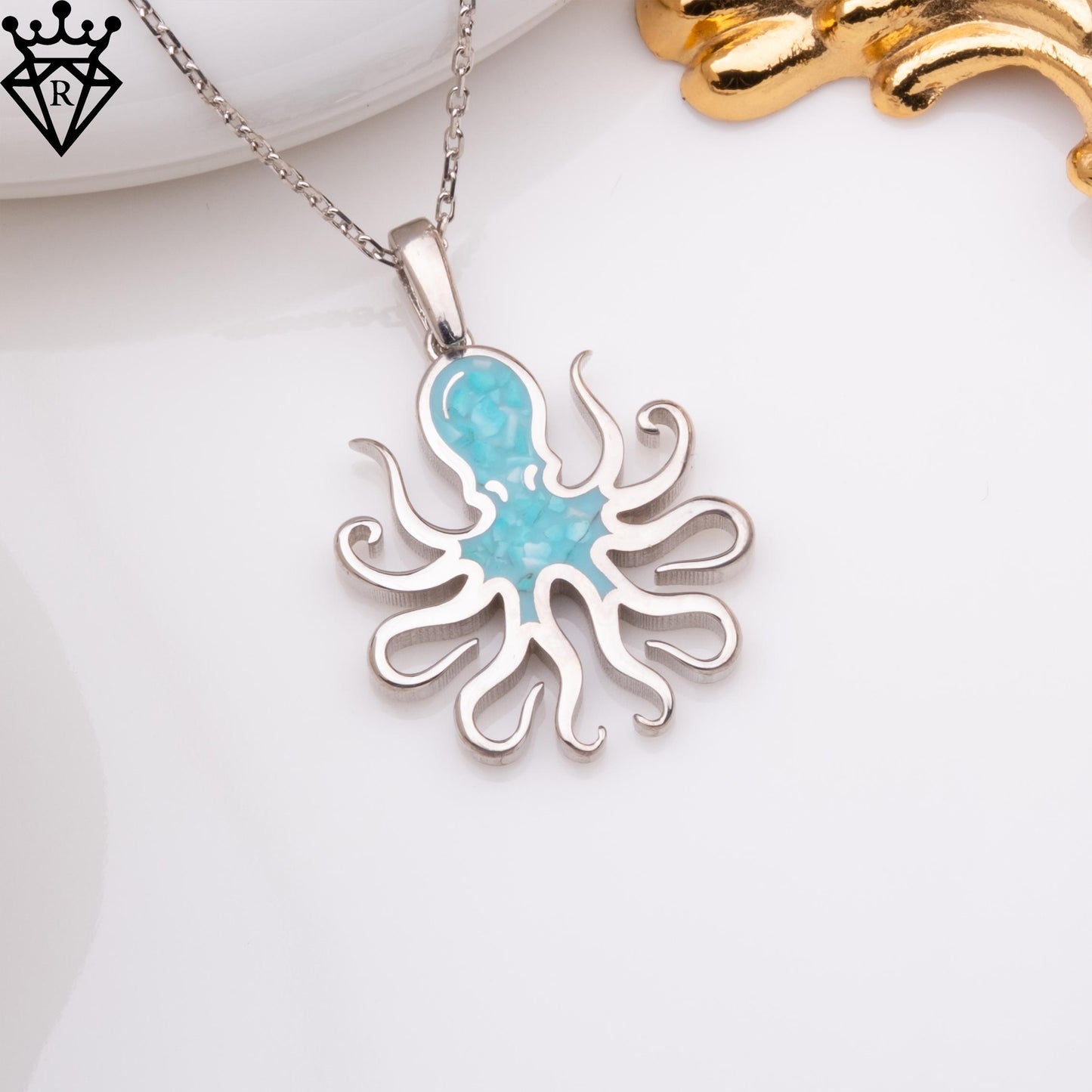 Turquoise Stone Octopus Necklace, Silver Octopus Pendant, Unique Octopus Jewelry, Gemstone Pendant Necklace, Turquoise Choker