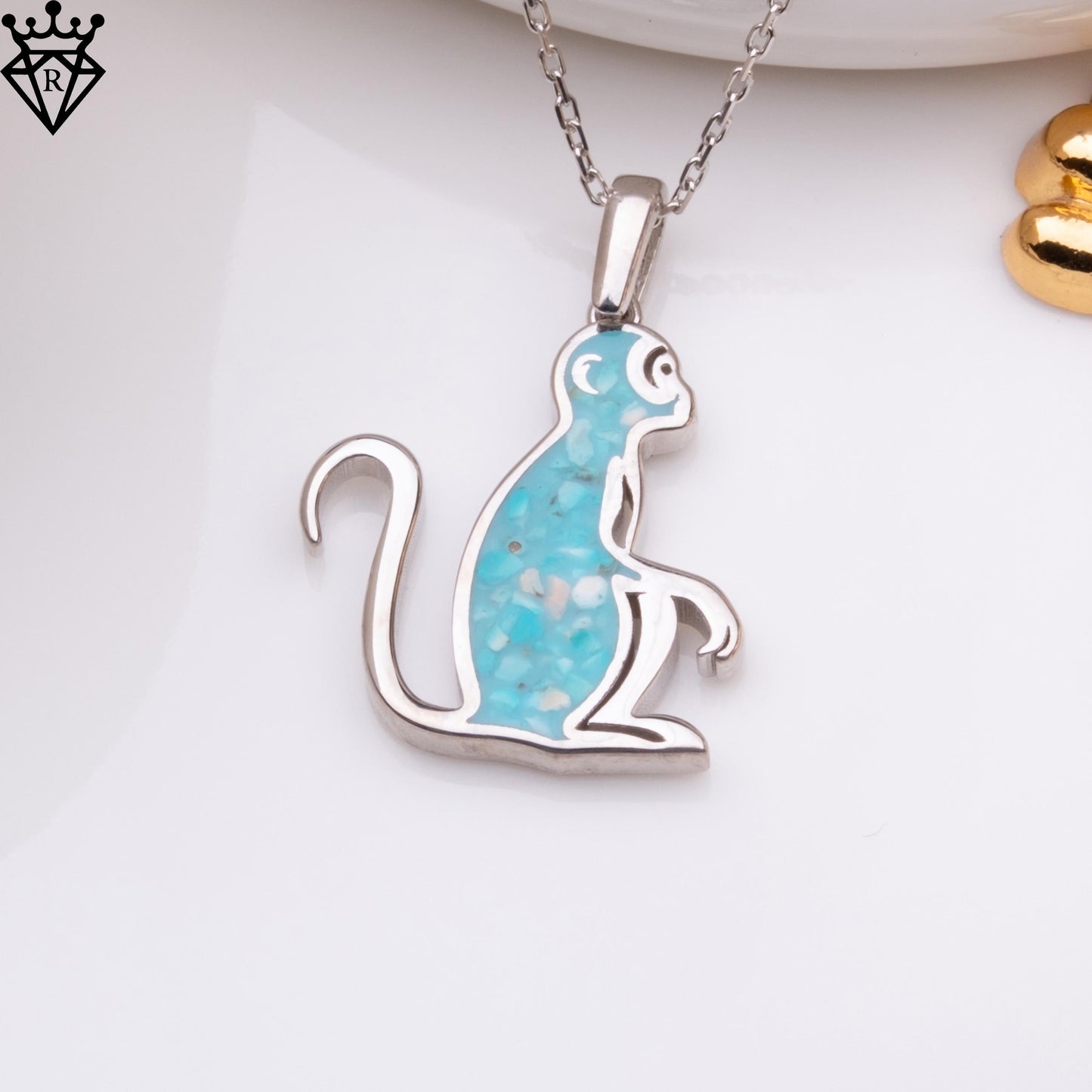 Turquoise Stone Monkey Necklace, Silver Pendant Necklace, Minimalist Custom Jewelry, Dainty Gold Necklace