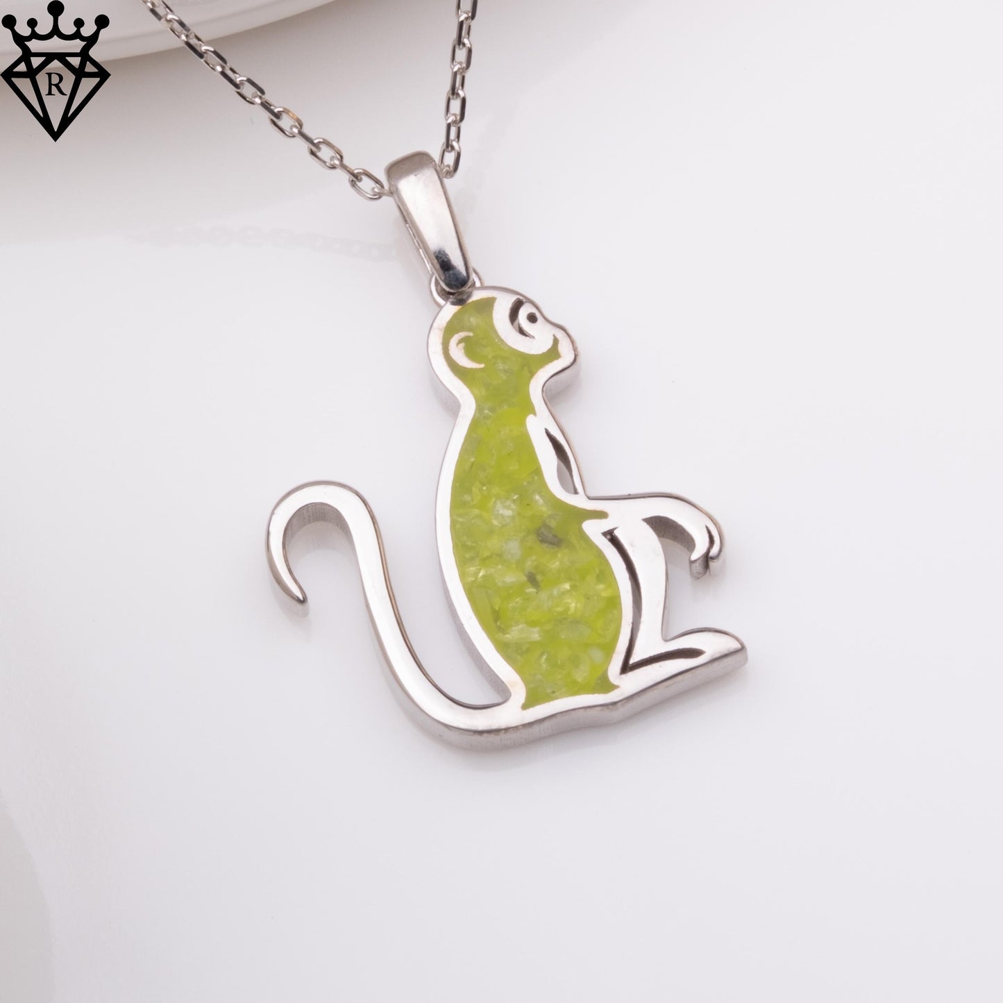 Peridot Stone Monkey Necklace, Silver Birthstone Jewelry, Handmade Peridot Necklace, Crystal Pendant, Birthday Gifts for Women