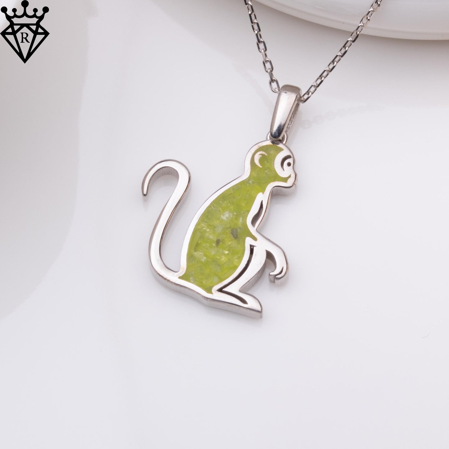 Peridot Stone Monkey Necklace, Silver Birthstone Jewelry, Handmade Peridot Necklace, Crystal Pendant, Birthday Gifts for Women