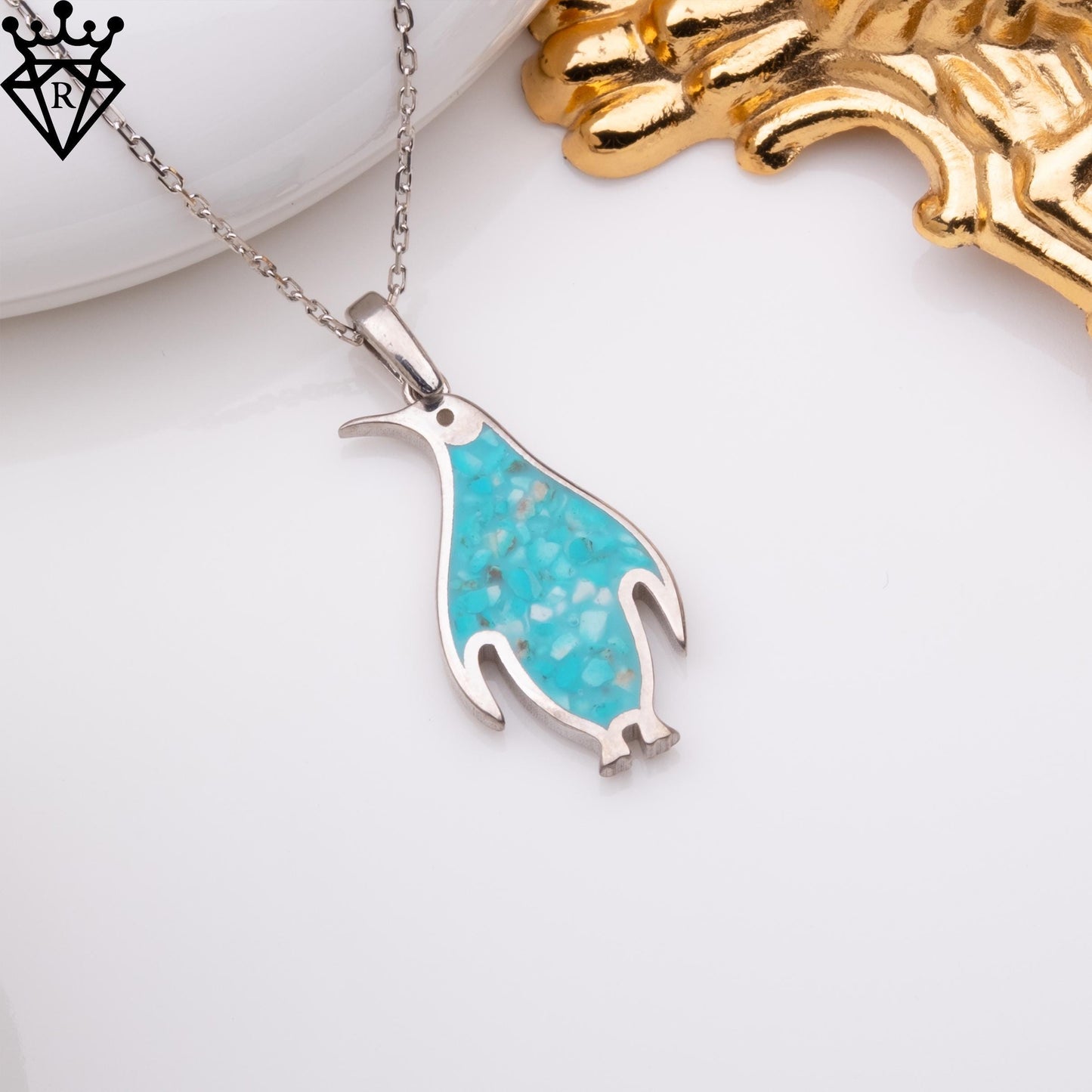 Turquoise stone Penguin Necklace, 925 Sterling Silver Handmade Birthstone Jewelry, August Gemstone Pendant, Unique Gift for Her