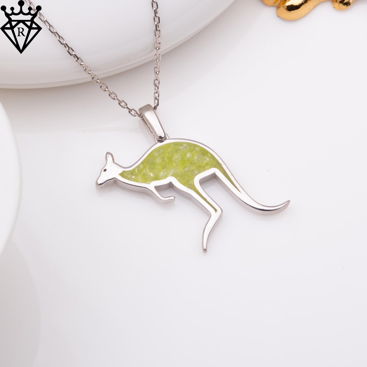 Peridot Stone Kangaroo Necklace, Sterling Silver Birthstone Jewelry, Handmade Animal Pendant, Gold Plated Necklace Gift for Her