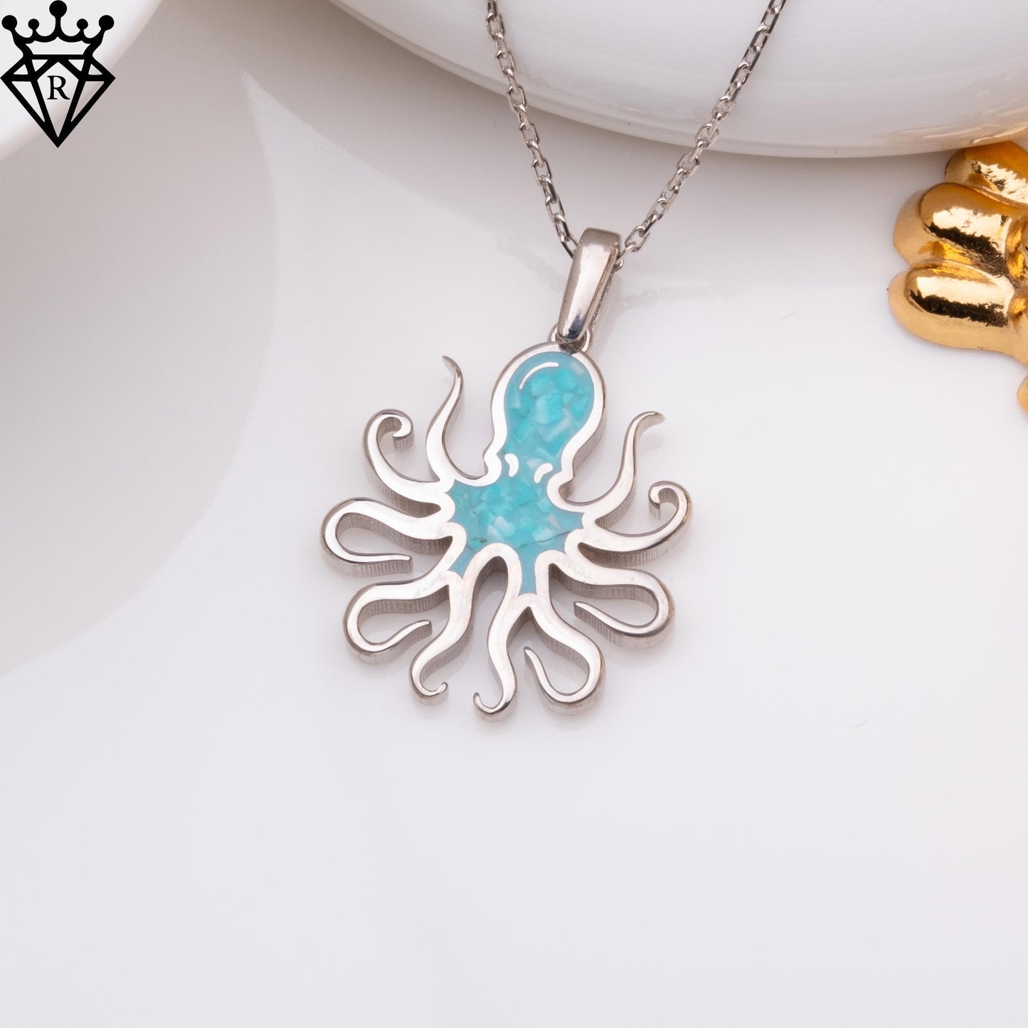 Turquoise Stone Octopus Necklace, Silver Octopus Pendant, Unique Octopus Jewelry, Gemstone Pendant Necklace, Turquoise Choker