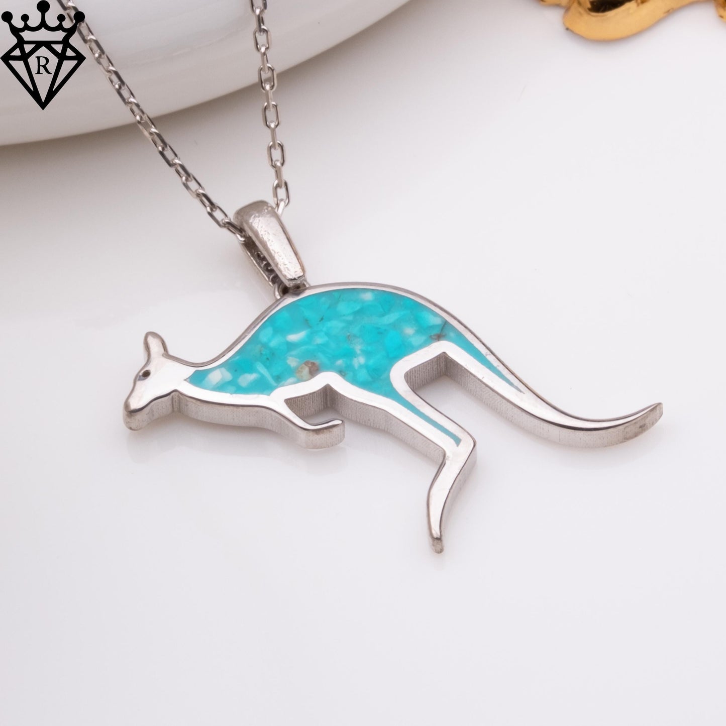 Turquoise Stone Kangaroo Necklace, Silver Turquoise Pendant, Birthstone Jewelry, Handmade Necklace, Birthday Gift, Wedding Gift