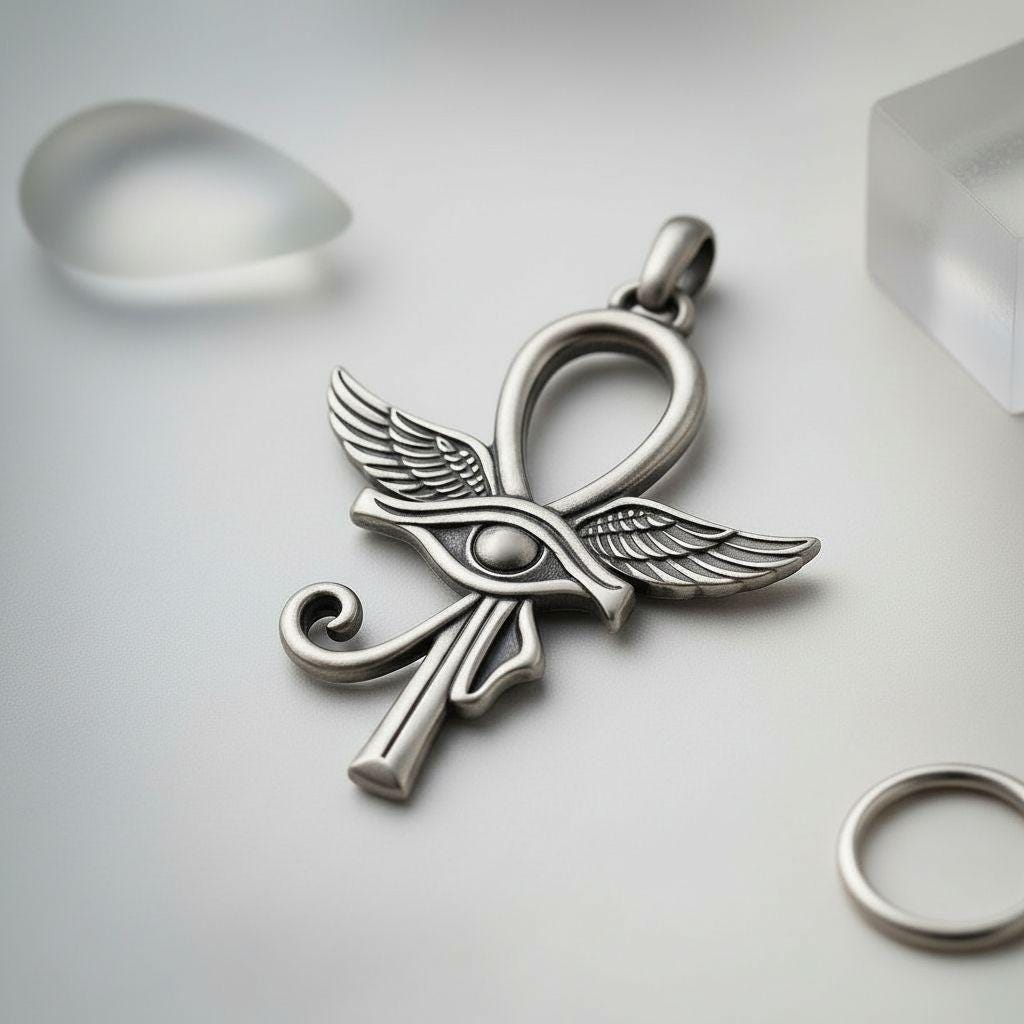 Winged Ankh Eye of Horus Necklace | 925 Sterling Silver Unisex Jewelry | Ancient Egyptian Protection Symbol | Meaningful Spiritual Gift