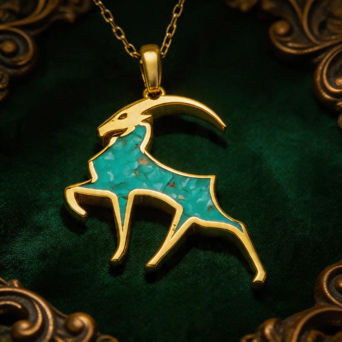 Turquoise Capricorn Goat Necklace: 14K Gold Plated Sterling Silver Birthstone Jewelry