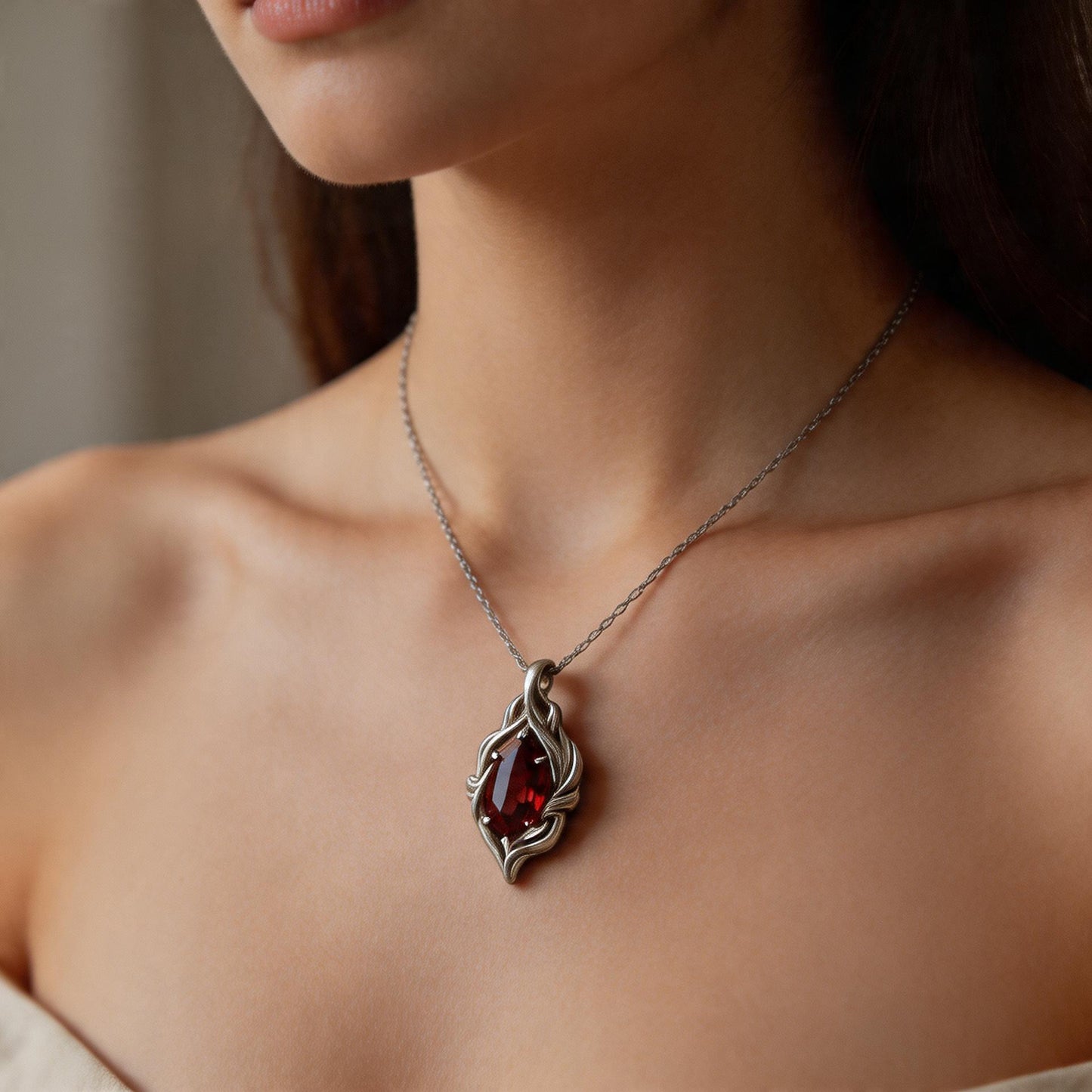 Marquise Garnet Necklace | 925 Sterling Silver Nature Leaf Pendant | Elegant Botanical Jewelry | Gift for Wife Anniversary