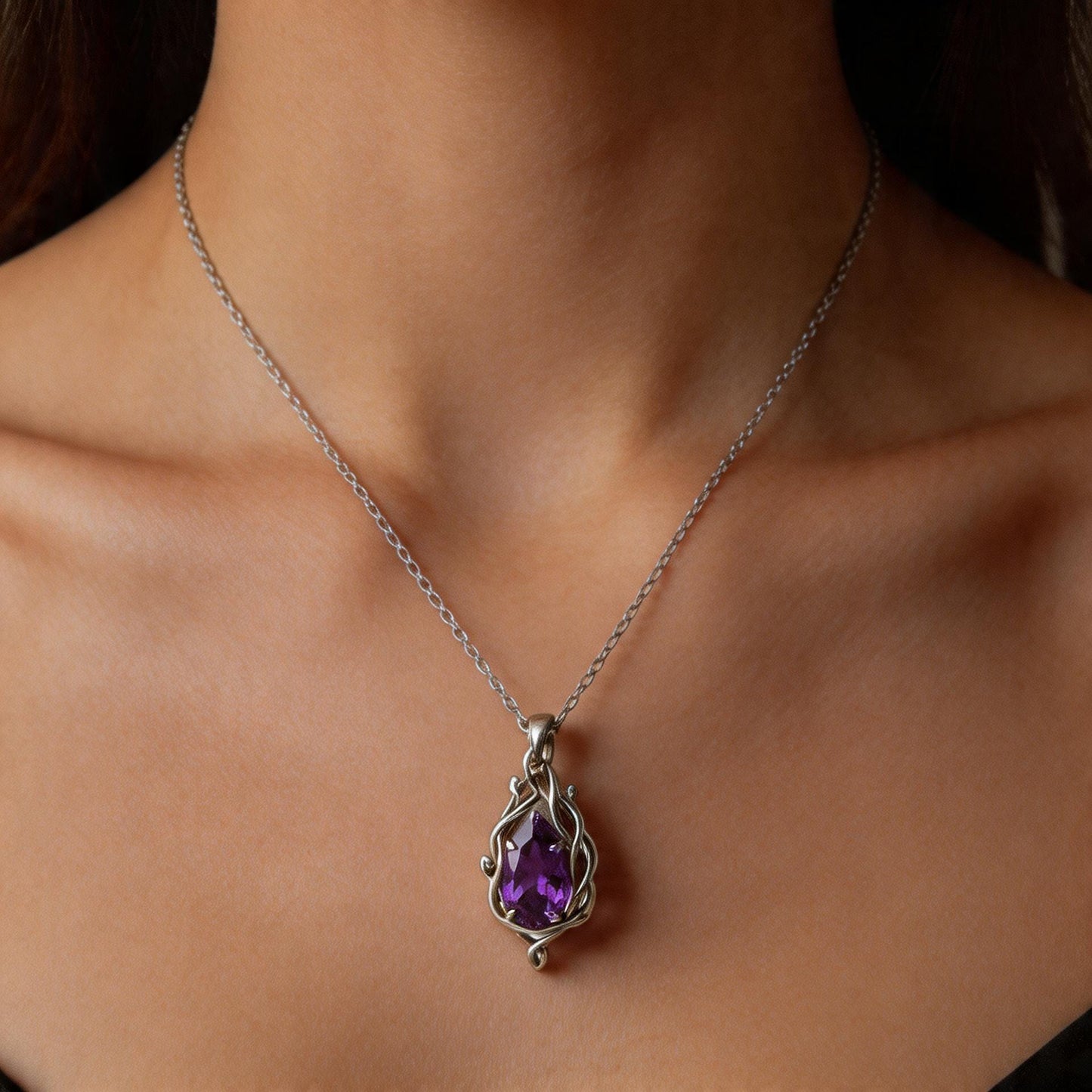 Amethyst Teardrop Necklace | 925 Sterling Silver Vine Pendant | Witchy Boho Nature Jewelry | Spiritual Gift for Her