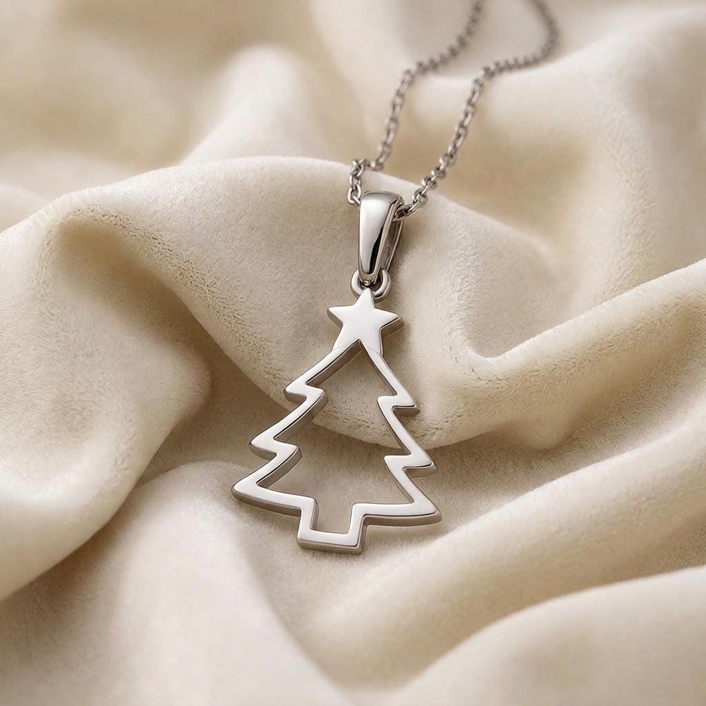Christmas Tree Necklace, Sterling Silver Holiday Pendant, Minimalist Star Tree Jewelry, Handmade Silver Necklace