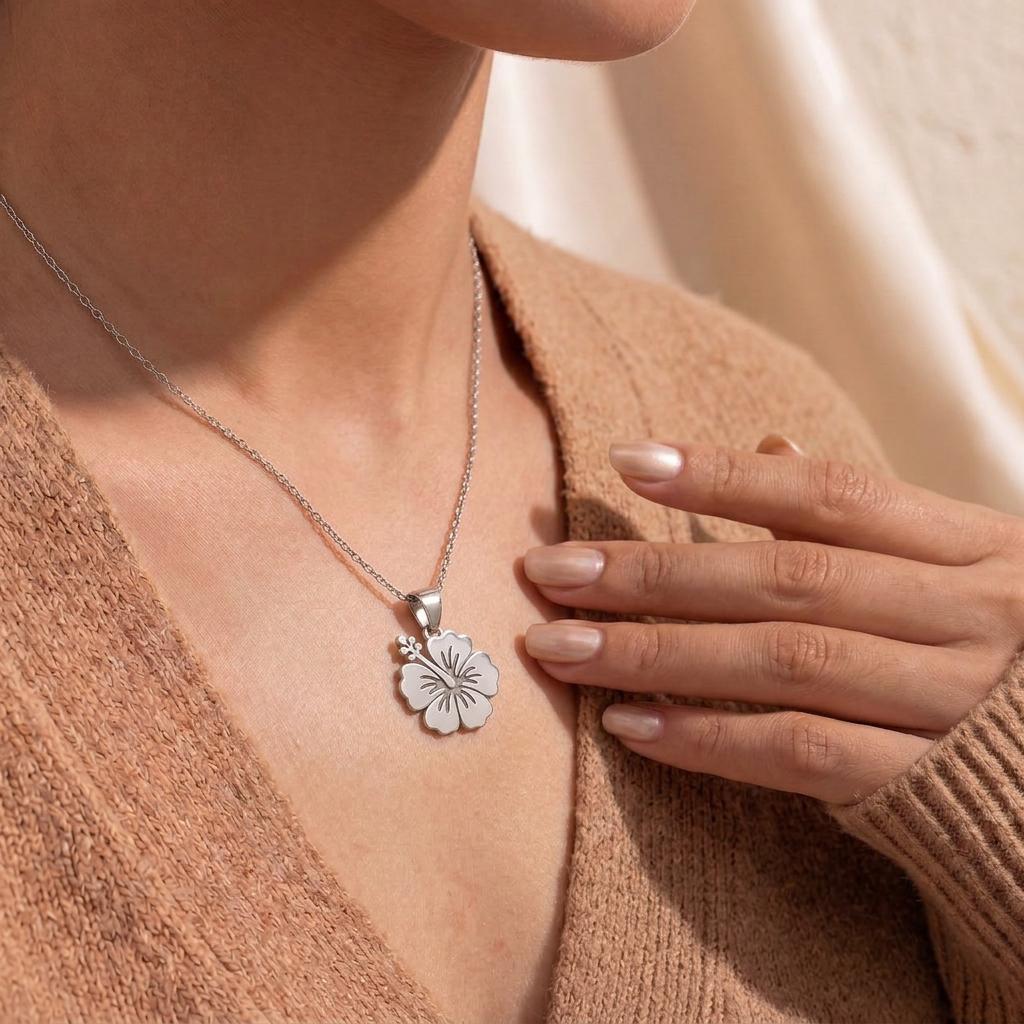 Handmade Hibiscus Necklace | Solid 925 Sterling Silver Floral Pendant | Botanical Nature Jewelry | Gift of Beauty and Joy