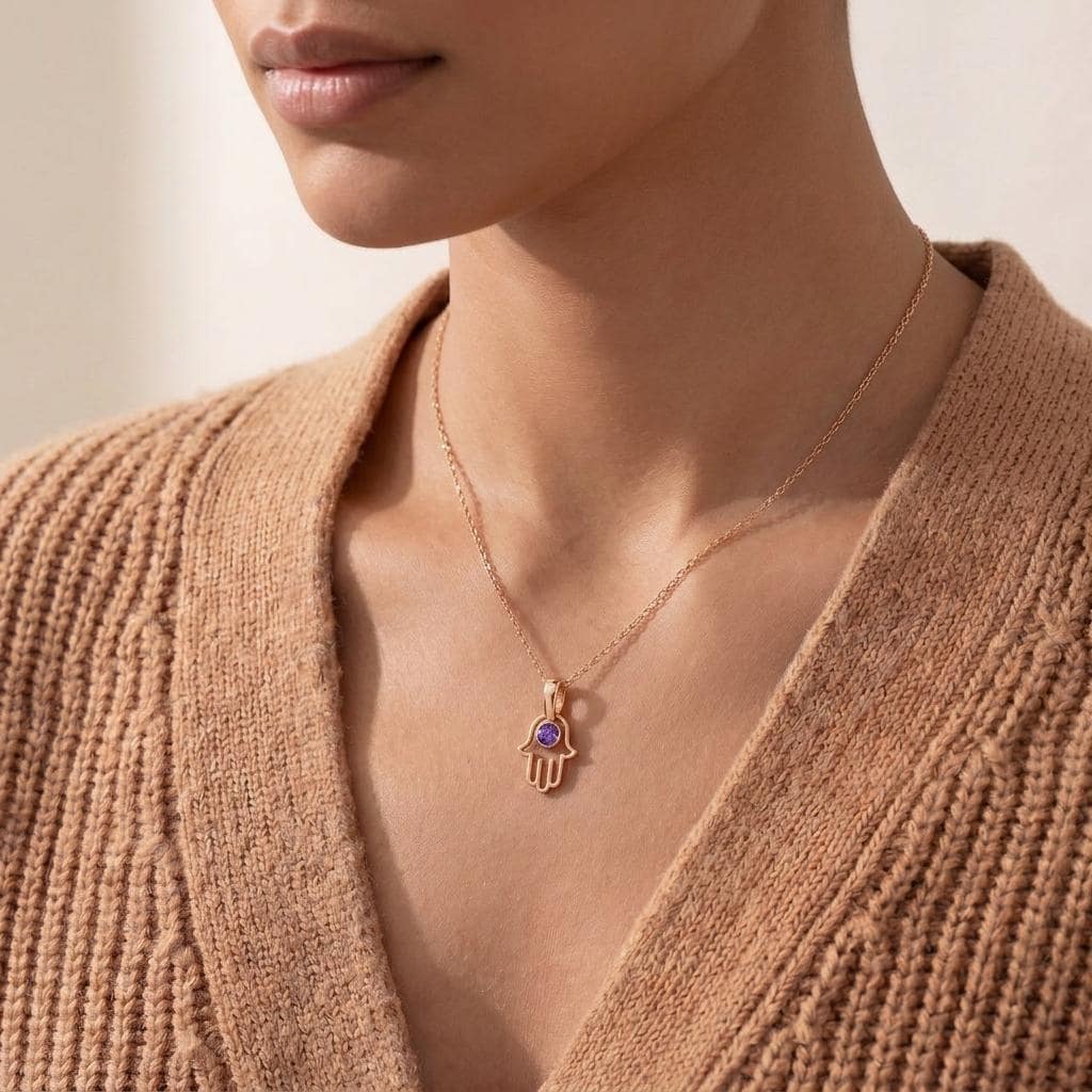 Hamsa Birthstone Necklace | 925 Sterling Silver Women | Spiritual Protection Jewelry | Birthday Gift for Her