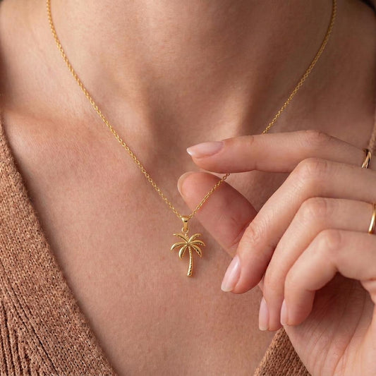 Close-up of handmade Palm Tree Necklace | Gold Plated Sterling Silver | Tropical Vacation Style | Summer Birthday Gift