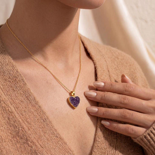 Close-up of handmade Amethyst druzy Heart Necklace | 925 Sterling Silver Jewelry | Elegant Gemstone Heart Design | Romantic & Special Occasion Gift