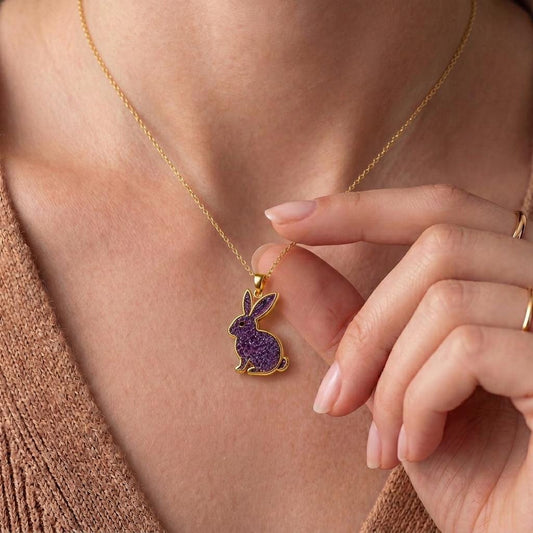 Close-up of handmade Amethyst Druzy Rabbit Necklace | Sterling Silver for Women | Whimsical Animal Jewelry | Thoughtful Gift for Her