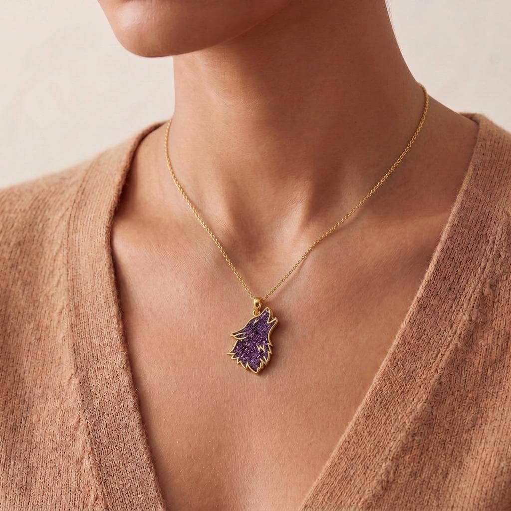 Amethyst Druzy Wolf Necklace | 925 Sterling Silver | Spiritual Animal Jewelry | Empowerment Gift