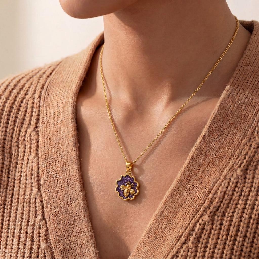 Amethyst Druzy Honeycomb Necklace | 925 Sterling Silver & Amethyst | Nature Inspired Whimsical Bee | Birthday Anniversary Gift for Her