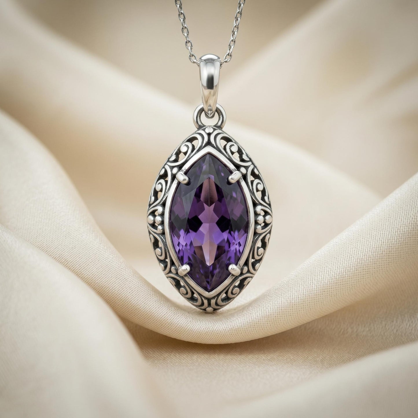 Queen’s Eye Birthstone Pendant Necklace | 925 Sterling Silver | Vintage Filigree Style | Meaningful Birthday Gift
