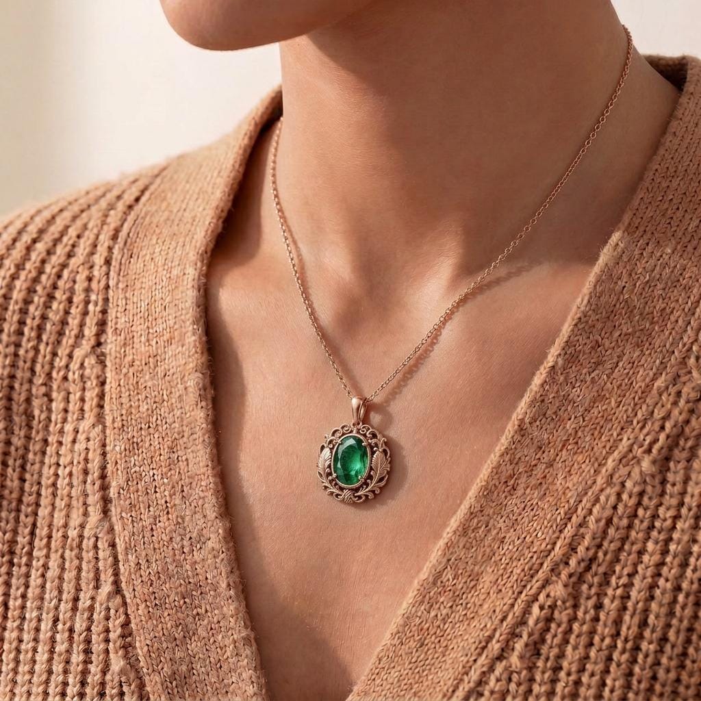 Vintage Emerald Birthstone Necklace | 925 Sterling Silver for Her | Ornate Botanical Design | Birthday Anniversary Gift