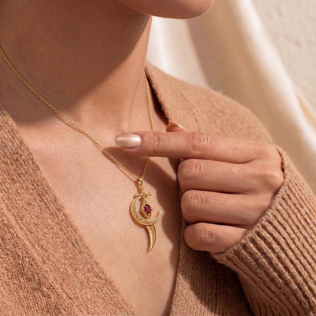 Moonblade Gem Pendant | 925 Sterling Silver | Fantasy Sword & Moon Theme | Gift for Fantasy Enthusiasts