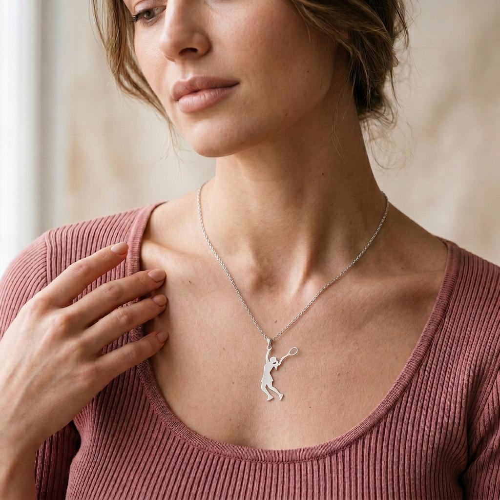 Tennis Player Necklace | 925 Sterling Silver Jewelry | Athletic Elegance Pendant | Sporty Gift for Women