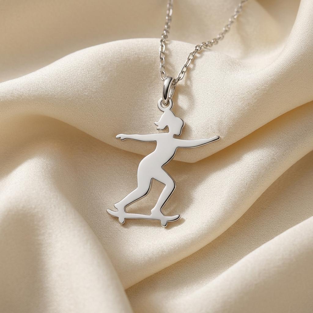 Skateboard Girl Necklace | 925 Sterling Silver Jewelry | Sporty Street Style Pendant | Unique Gift for Skater Girls