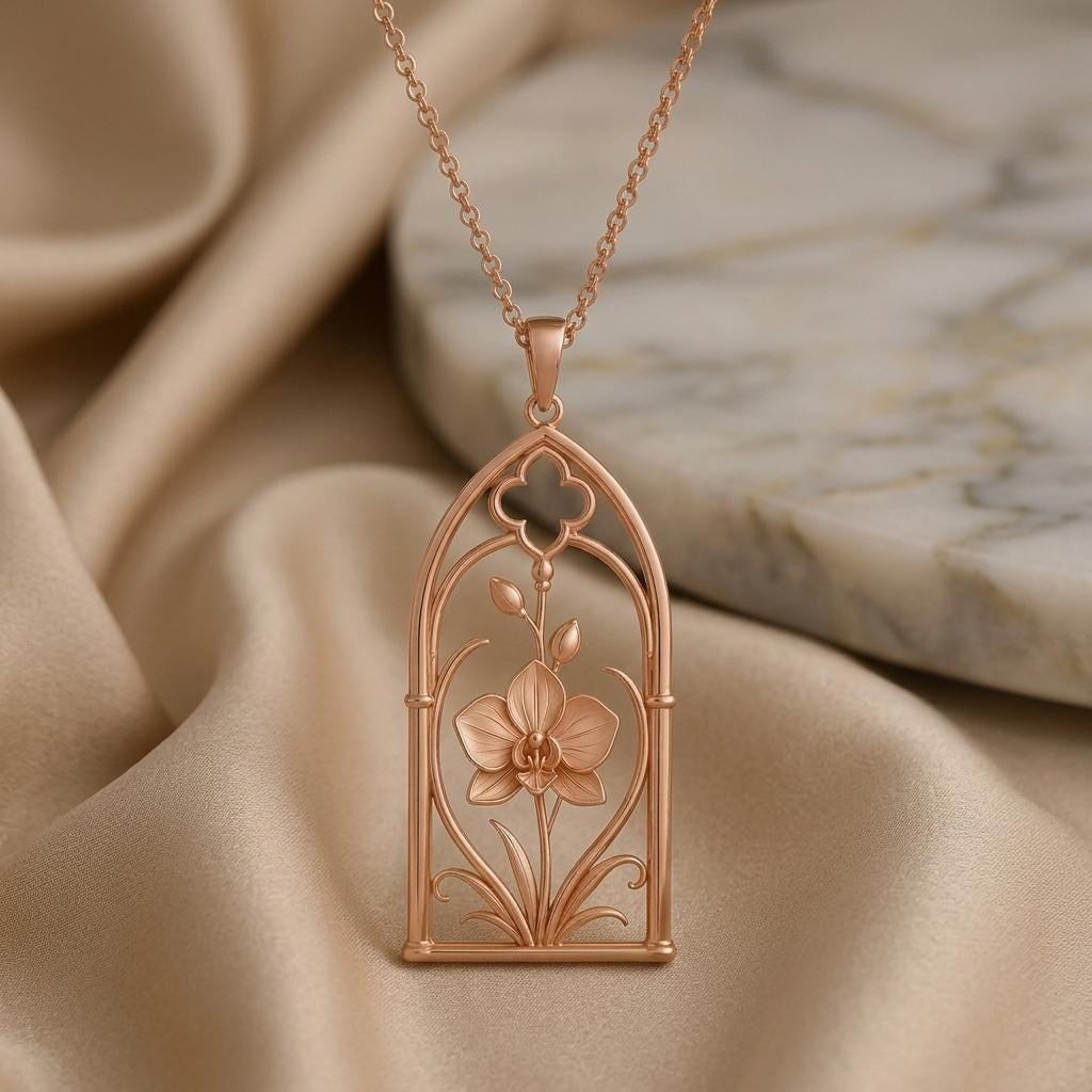 Imperial Orchid Window Necklace | 925 Sterling Silver | Art Nouveau Floral | Thoughtful Gift for Her