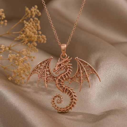 Close-up of handmade Ancient Dragon Fossil | 925 Sterling Silver | Mythical Dragon Jewelry | Fantasy Lover Gift