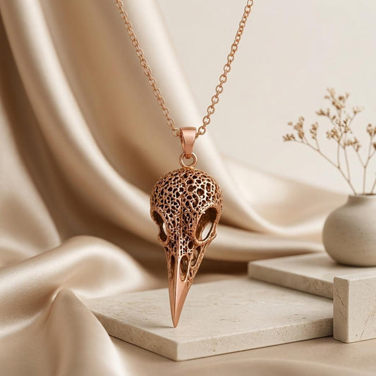 Close-up of handmade Raven Skull Relic pendant | Sterling Silver | Gothic Nature Theme | Unique Statement Gift