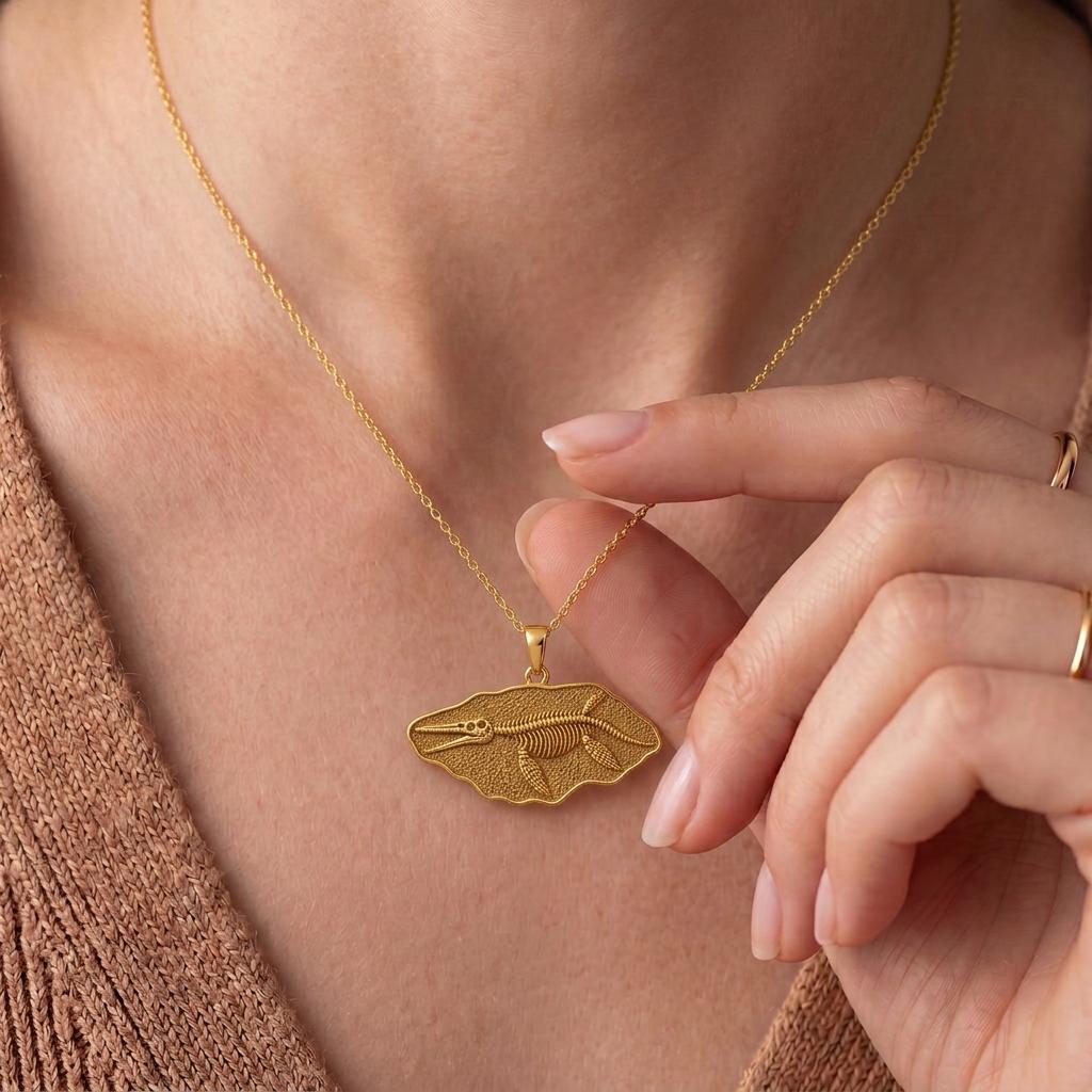 Kronosaurus Fossil Pendant Necklace | Gold Plated Sterling Silver | Ancient Marine Life Theme | Unique Statement Gift