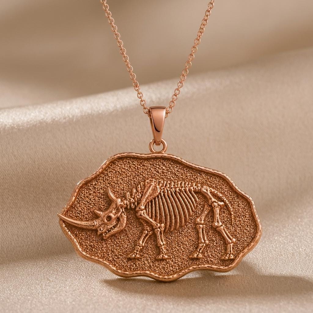 Woolly Rhinoceros Fossil Pendant Necklace | Gold Plated Sterling Silver | Prehistoric Fossil Theme | Unique Science Lover Gift