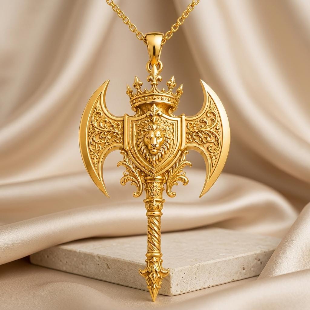 Divine Axe Crest jewelry design featured in the Rimossa meaning guide