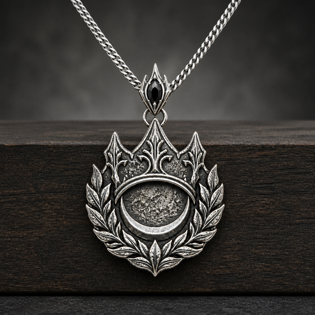 Oxidized sterling silver crown, laurel and crescent pendant from Rimossa's men's jewelry collection.
