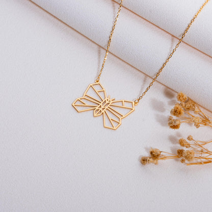 Origami Kelebek Kolye, 925 Ayar Gümüş Geometrik Kelebek Kolye, Altın Kaplama Minimal Takı, El Yapımı Zarif Hediye