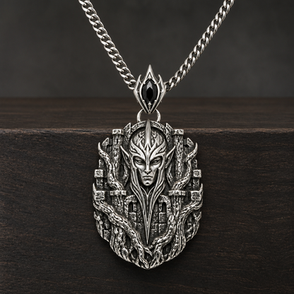 Oxidized 925 sterling silver pendant necklace with curb chain, featuring an elven sentinel face framed by bark-like forest fortress relief and a pointed bail with a dark oval accent.
