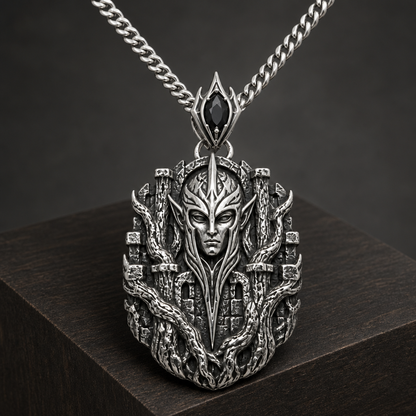 Oxidized 925 sterling silver pendant necklace with curb chain, featuring an elven sentinel face framed by bark-like forest fortress relief and a pointed bail with a dark oval accent.