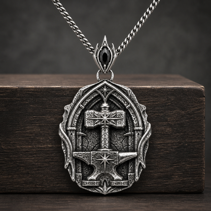 Oxidized 925 sterling silver pendant necklace with a raised hammer, anvil form, star details, arched forge-style frame, and included curb chain.