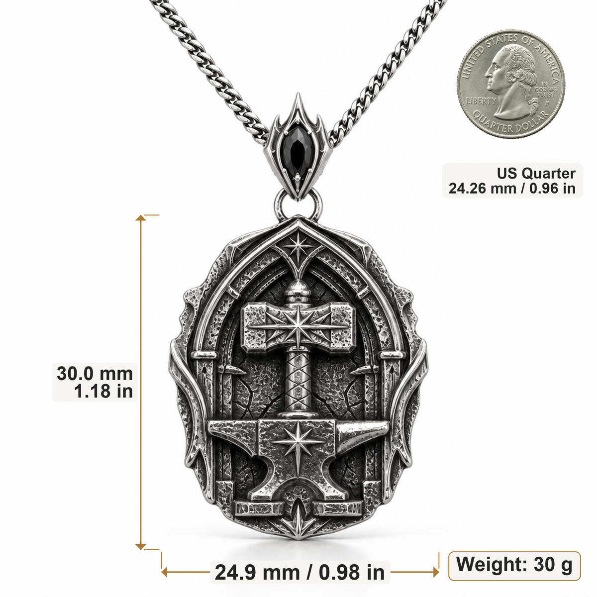 Oxidized 925 sterling silver pendant necklace with a raised hammer, anvil form, star details, arched forge-style frame, and included curb chain.