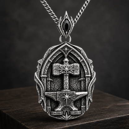 Oxidized 925 sterling silver pendant necklace with a raised hammer, anvil form, star details, arched forge-style frame, and included curb chain.