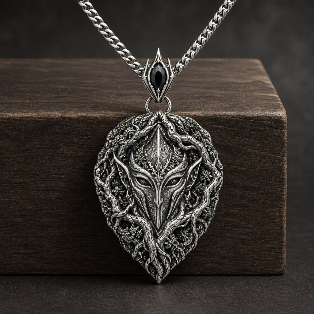 Oxidized 925 sterling silver pendant necklace with an elven guardian mask framed by raised oak roots, moss-like texture, pointed shield shape, decorative bail and curb chain.