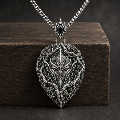 Oxidized 925 sterling silver pendant necklace with an elven guardian mask framed by raised oak roots, moss-like texture, pointed shield shape, decorative bail and curb chain.
