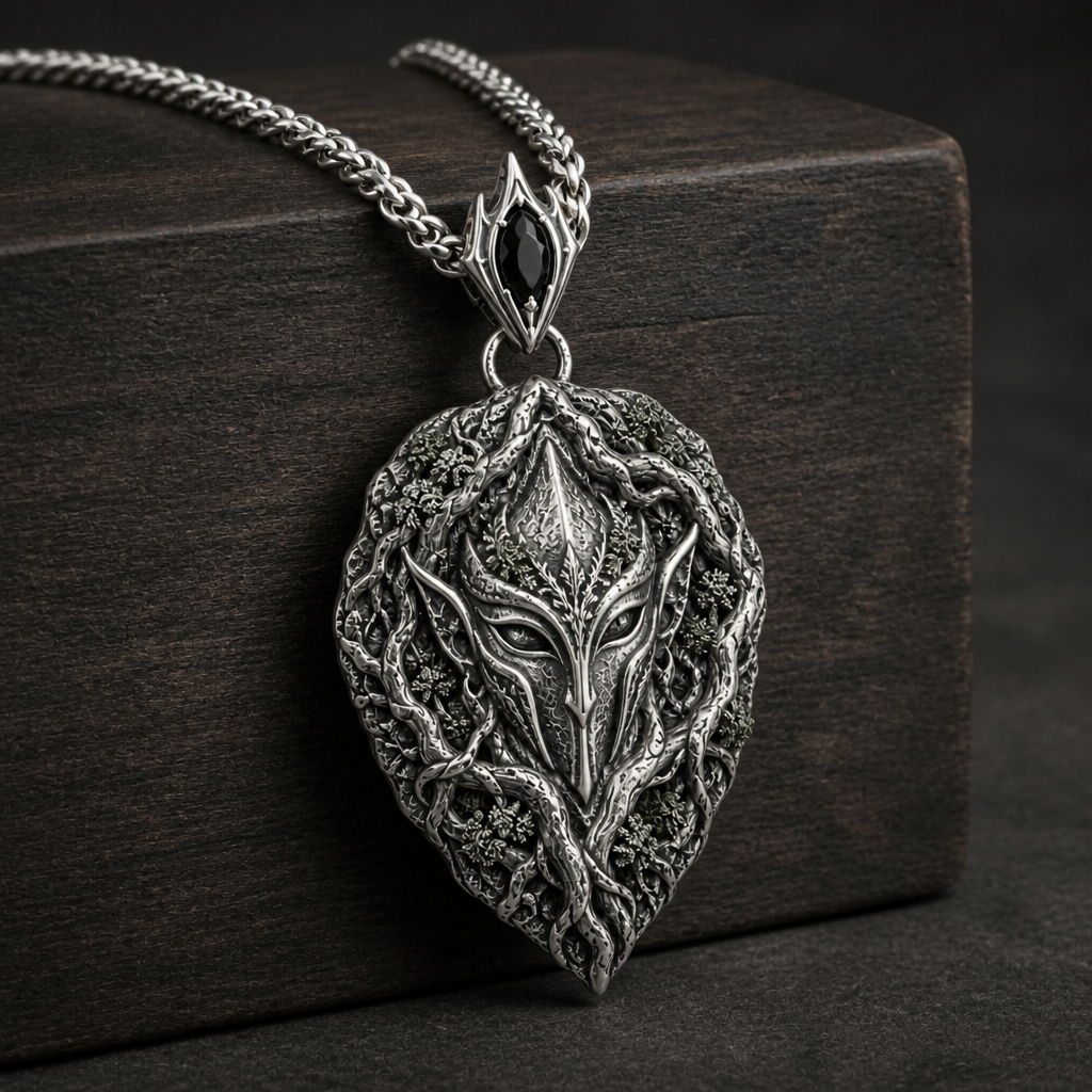 Oxidized 925 sterling silver pendant necklace with an elven guardian mask framed by raised oak roots, moss-like texture, pointed shield shape, decorative bail and curb chain.