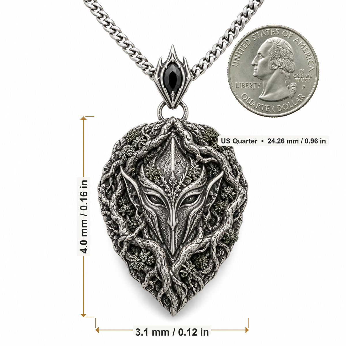 Oxidized 925 sterling silver pendant necklace with an elven guardian mask framed by raised oak roots, moss-like texture, pointed shield shape, decorative bail and curb chain.