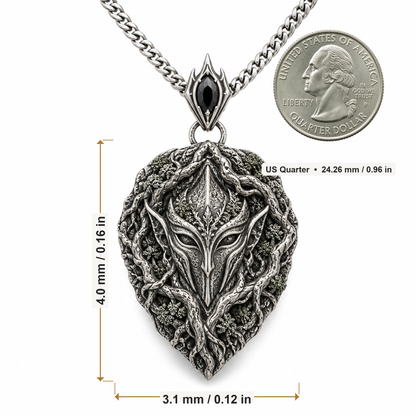 Oxidized 925 sterling silver pendant necklace with an elven guardian mask framed by raised oak roots, moss-like texture, pointed shield shape, decorative bail and curb chain.