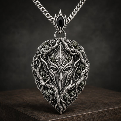 Oxidized 925 sterling silver pendant necklace with an elven guardian mask framed by raised oak roots, moss-like texture, pointed shield shape, decorative bail and curb chain.