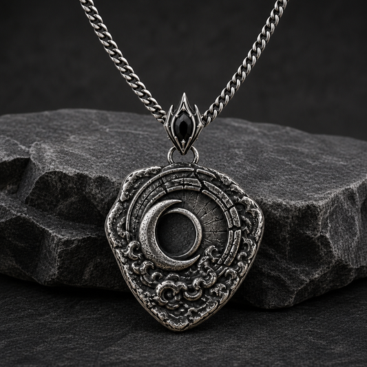 Oxidized 925 sterling silver shield pendant with raised crescent moon, dark circular center, textured relief details, pointed bail, and curb chain on beige fabric.