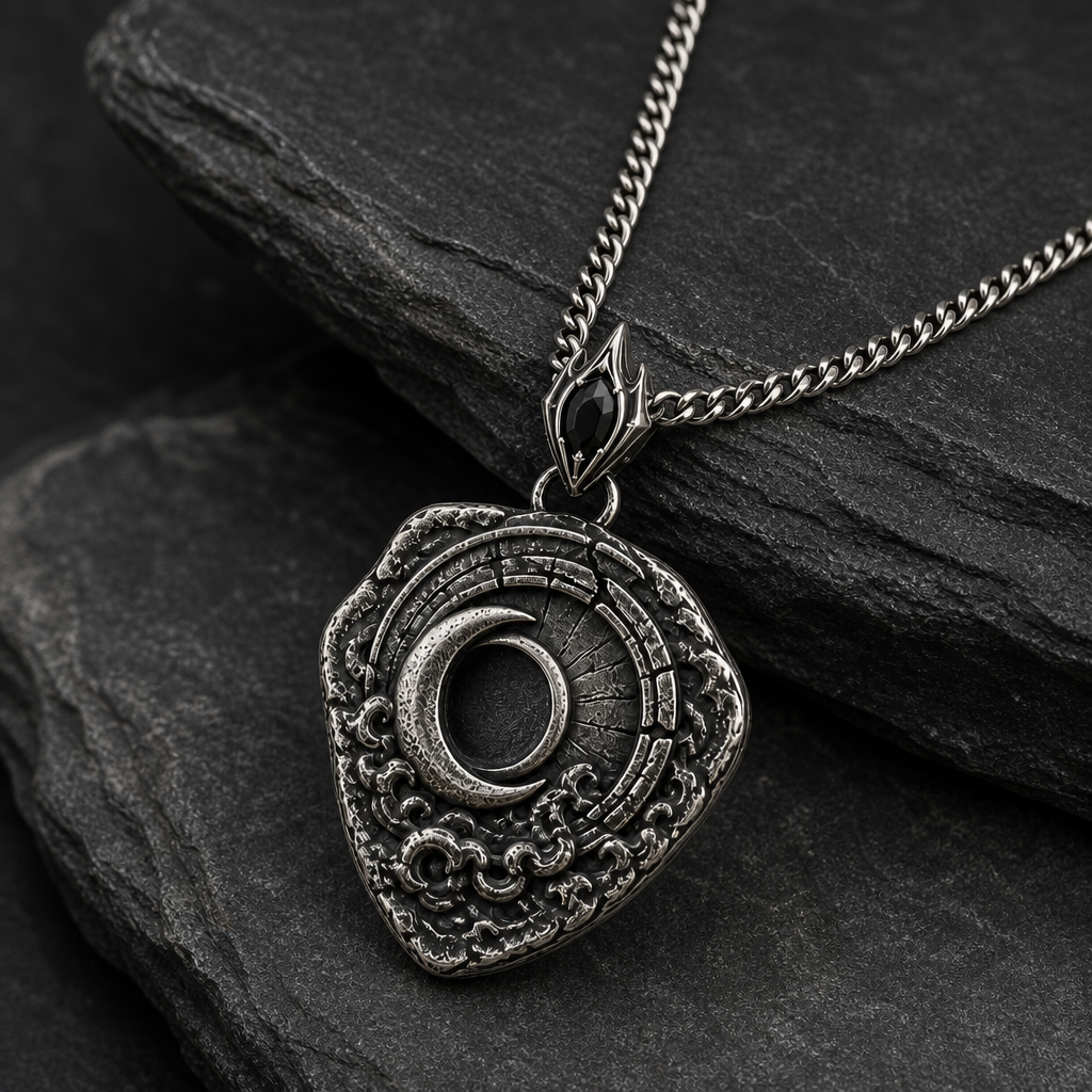 Oxidized 925 sterling silver shield pendant with raised crescent moon, dark circular center, textured relief details, pointed bail, and curb chain on beige fabric.