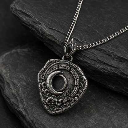 Oxidized 925 sterling silver shield pendant with raised crescent moon, dark circular center, textured relief details, pointed bail, and curb chain on beige fabric.